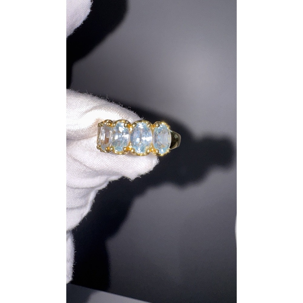 Victorian Style Blue Topaz Five Stone Ring Sterling Silver Sz 8 Gold Tone